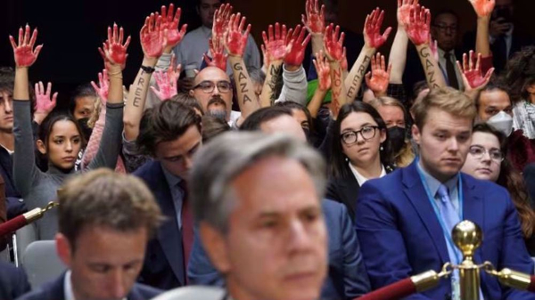 �Ceasefire now�: Antiwar protesters confront US officials at Senate hearing
