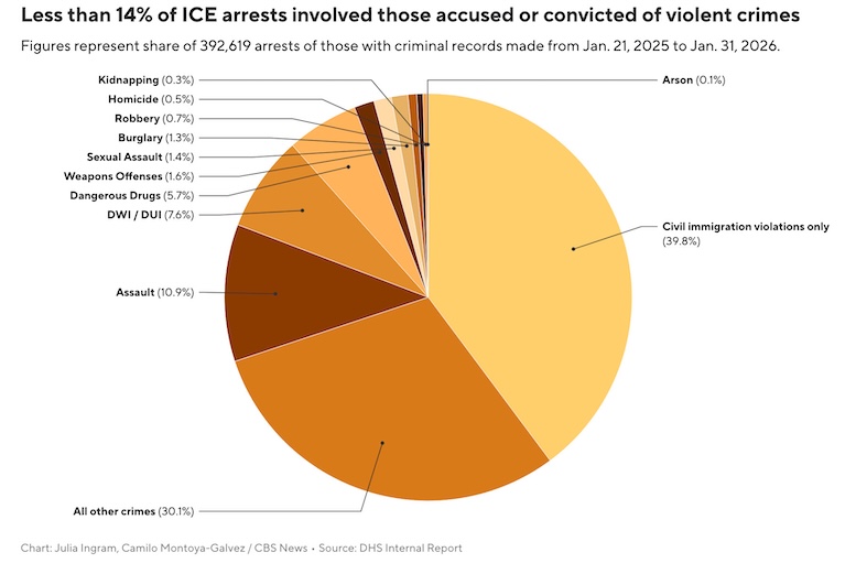 Less than 14% of those arrested by ICE in Trump`s 1st year back in office had violent criminal records, document shows